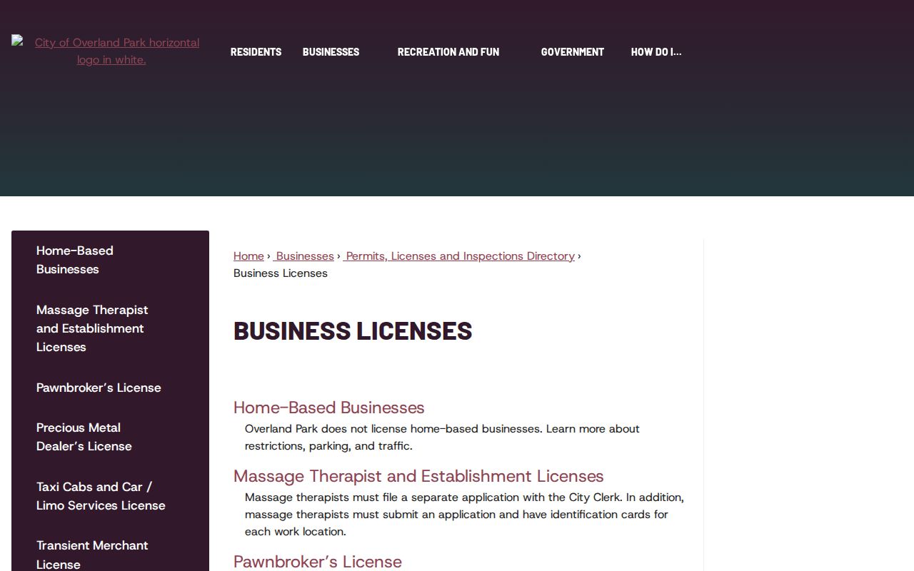 Overland Park business license information used to classify directory listings