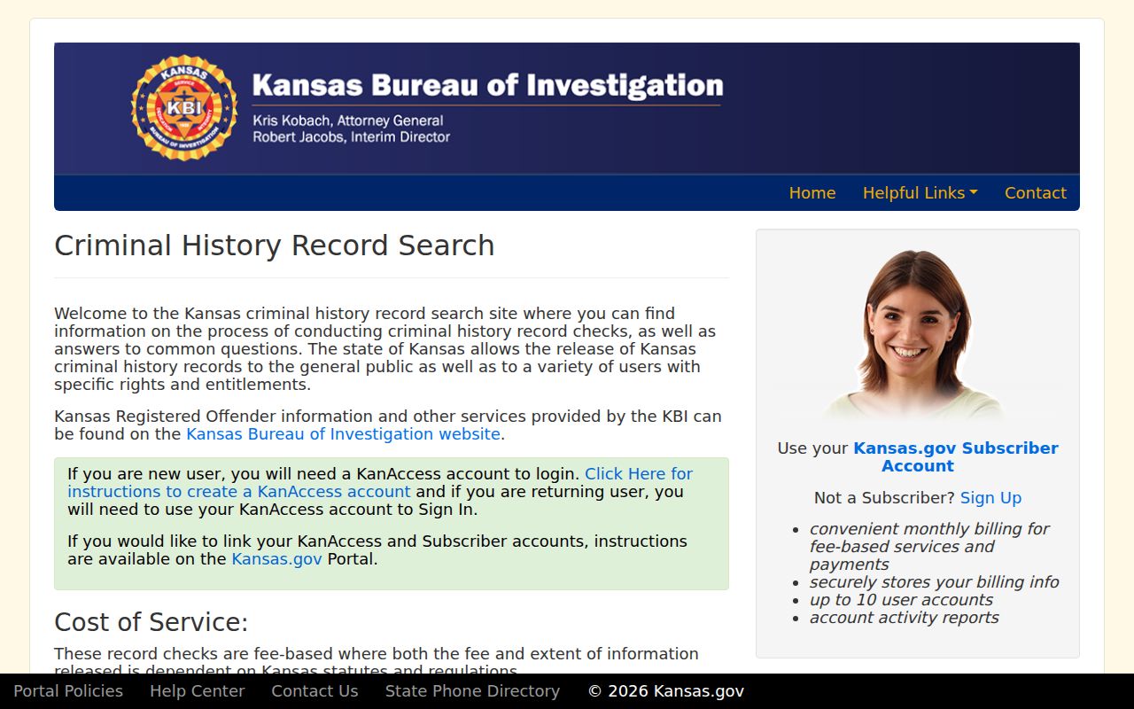 Official Kansas criminal history search access screen