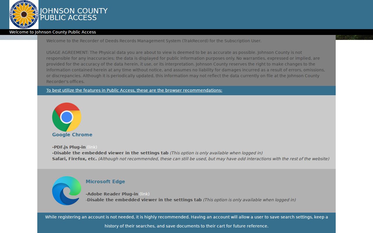 Johnson County Register of Deeds legacy public access screen