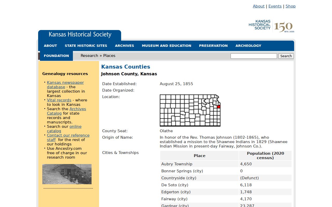 Kansas Historical Society Johnson County profile for ZIP geography research